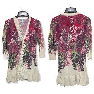 Anthropologie Tabitha Ruffle Floral Cardigan Spring Pink White Pockets Y2K M